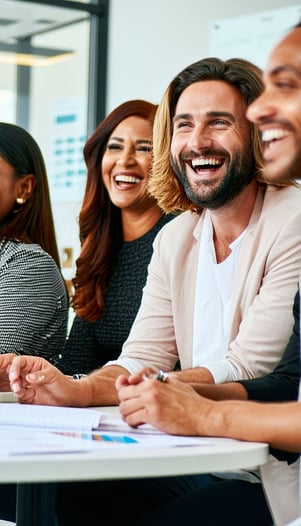 HR Executives seated around a table all smiling and laughing depicting a warm and friendly culture Please do not show any hands